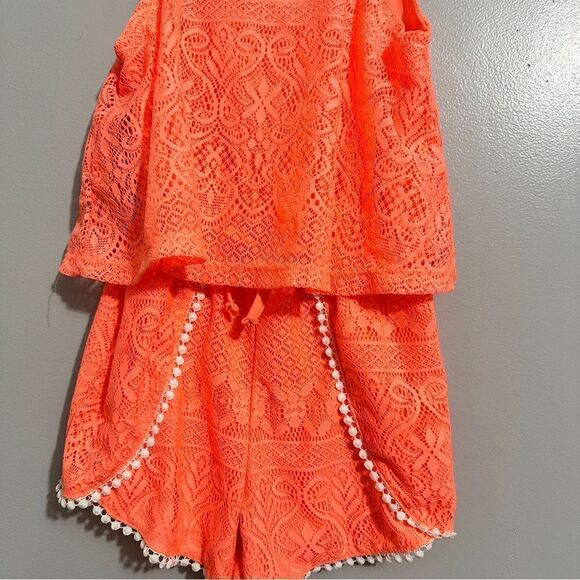 Chilipop girls orange romper with white Pom Pom trim size 10/12 M - Picture 5 of 6